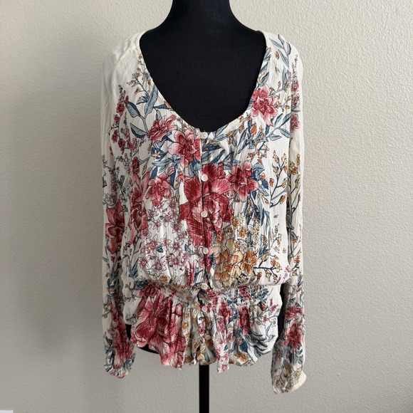 Billabong Tops - Billabong Women's Small Top Blouse Gauzy Boho Peplum Puff Sleeve Cottagecore